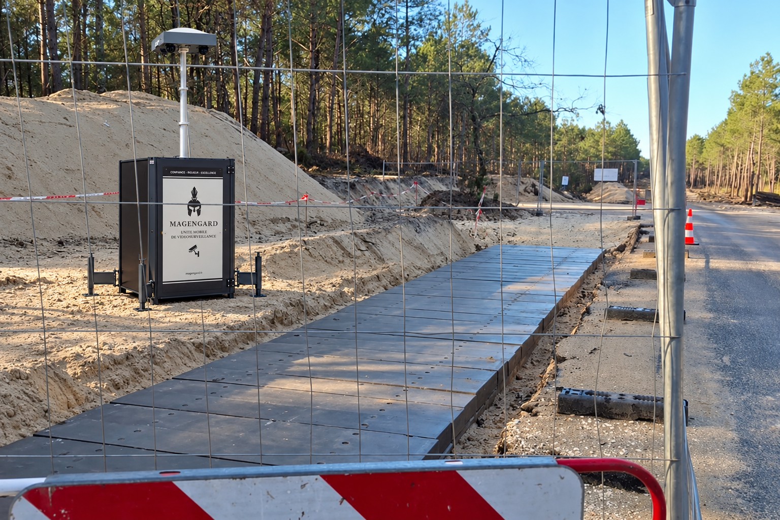 Photomontage d’une tourelle Magengard sur un chantier, un moyen technique complémentaire au gardiennage.
